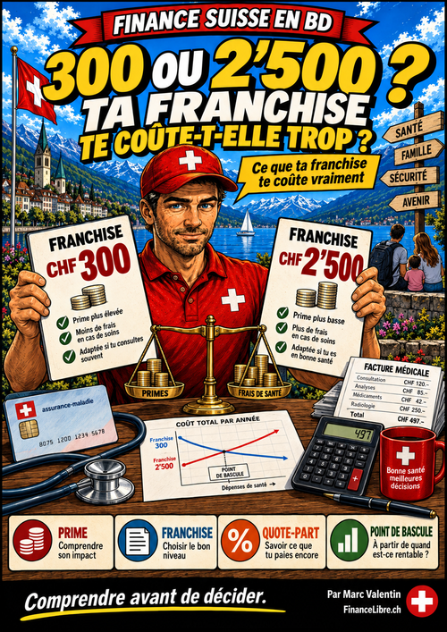 300 ou 2’500 ? Ta franchise te coûte-t-elle trop ? — BD FinanceLibre sur l’assurance-maladie en Suisse