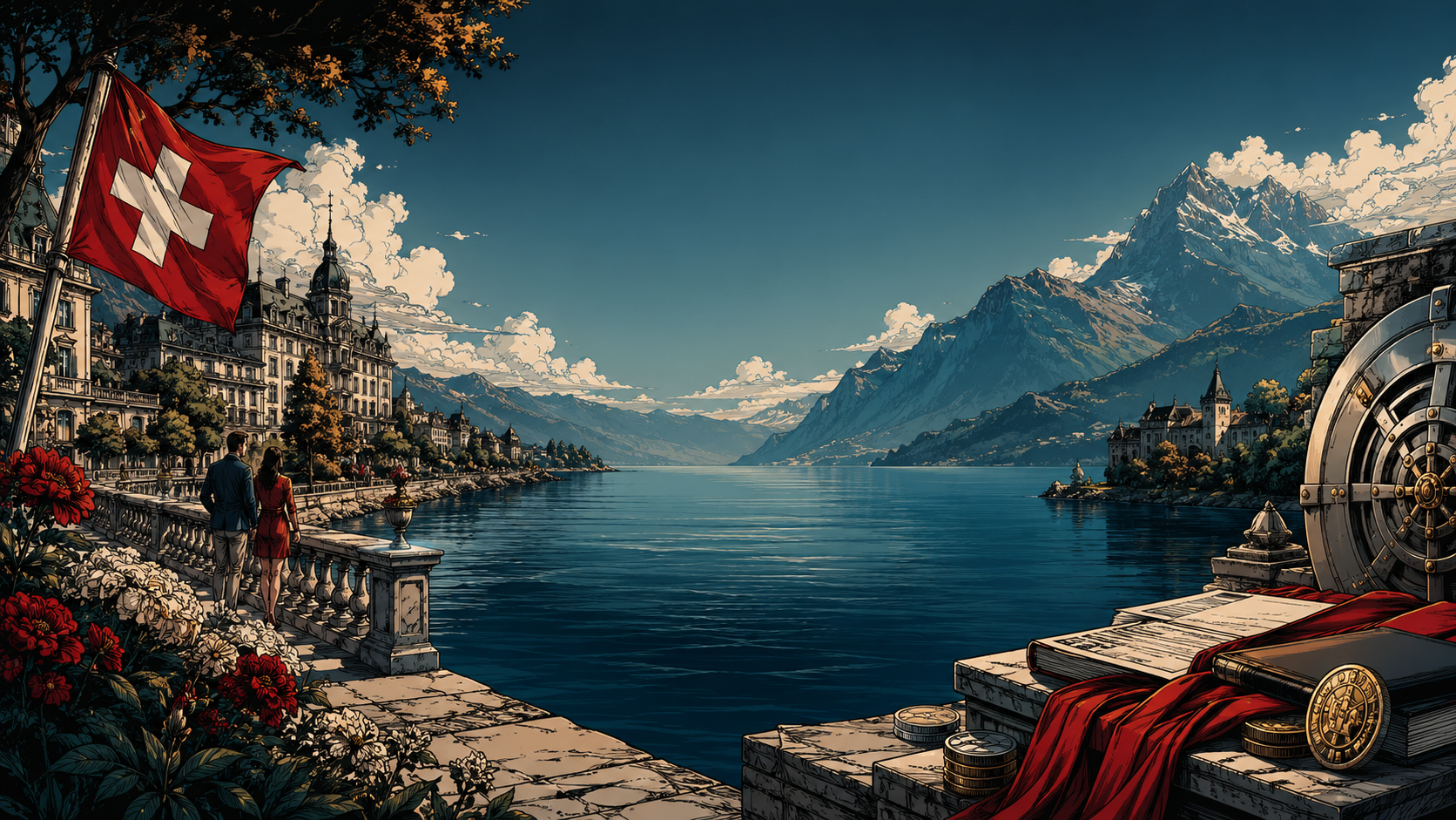 Panorama illustré de Montreux et du Léman pour Finance Suisse BD