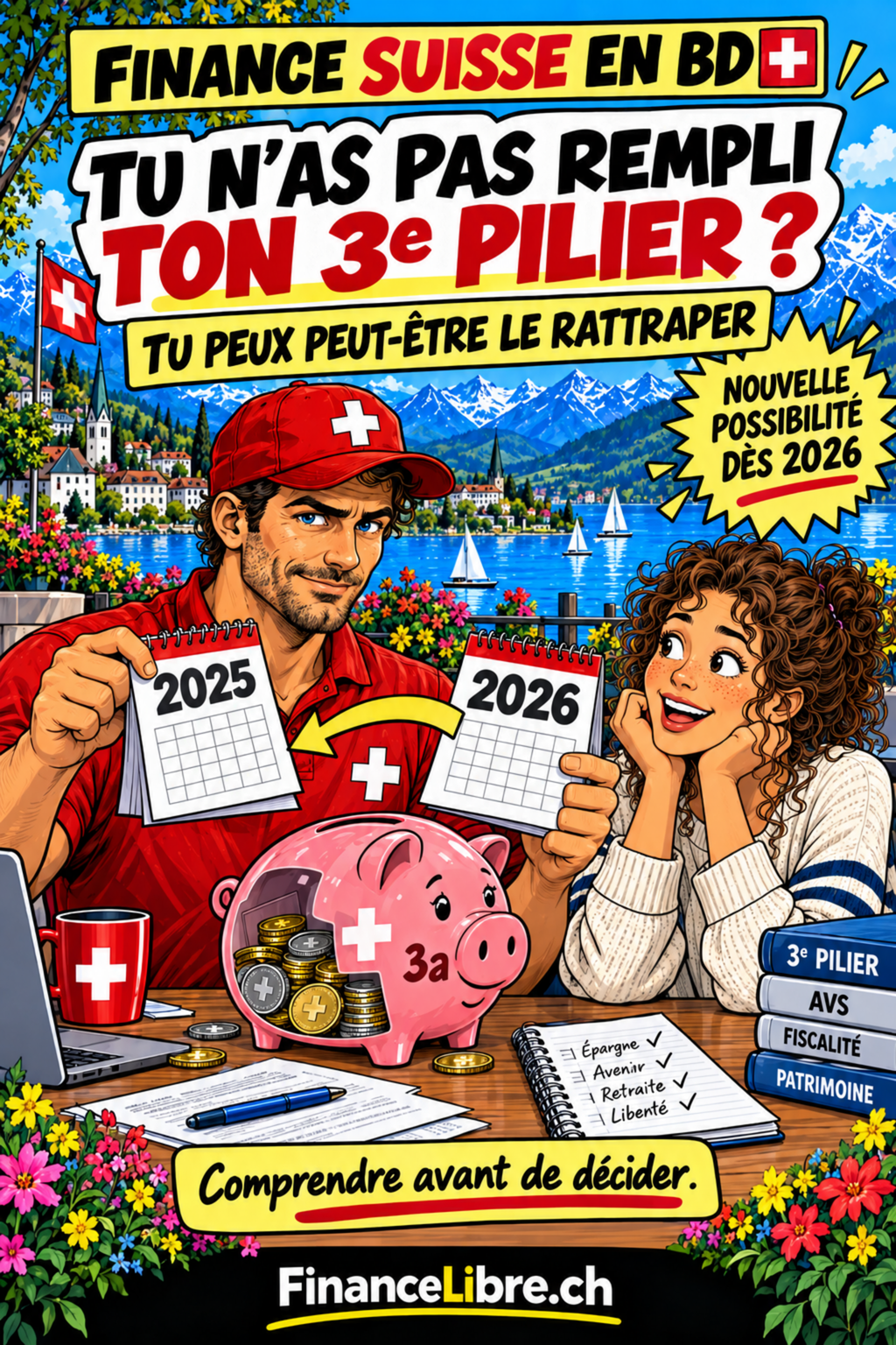 Rattraper son 3e pilier dès 2026 — couverture Finance Suisse en BD