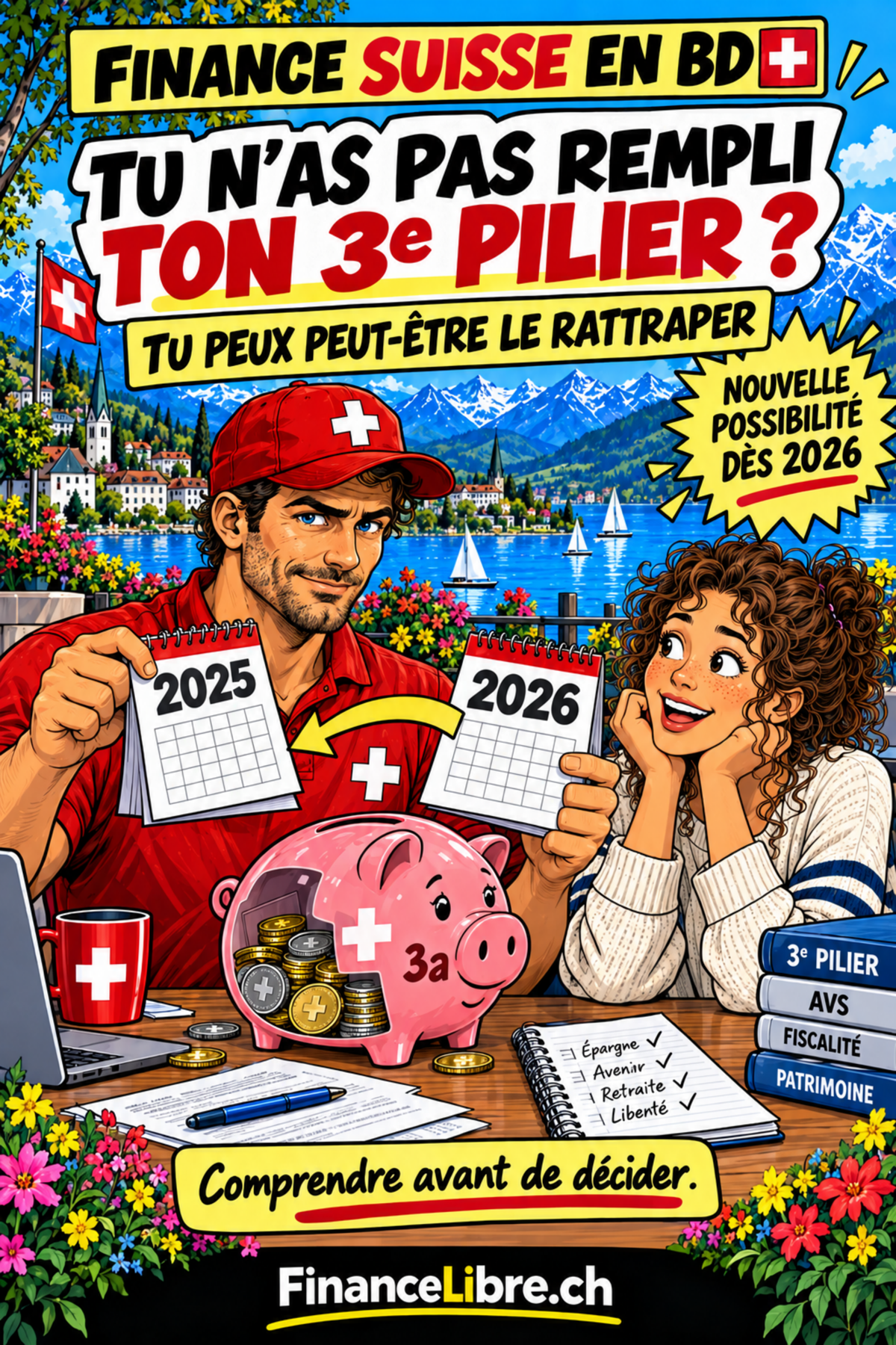 Rattraper son 3e pilier dès 2026 — couverture Finance Suisse en BD