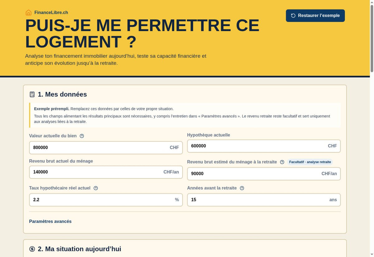 Exemple de données saisies dans le simulateur de capacité hypothécaire suisse